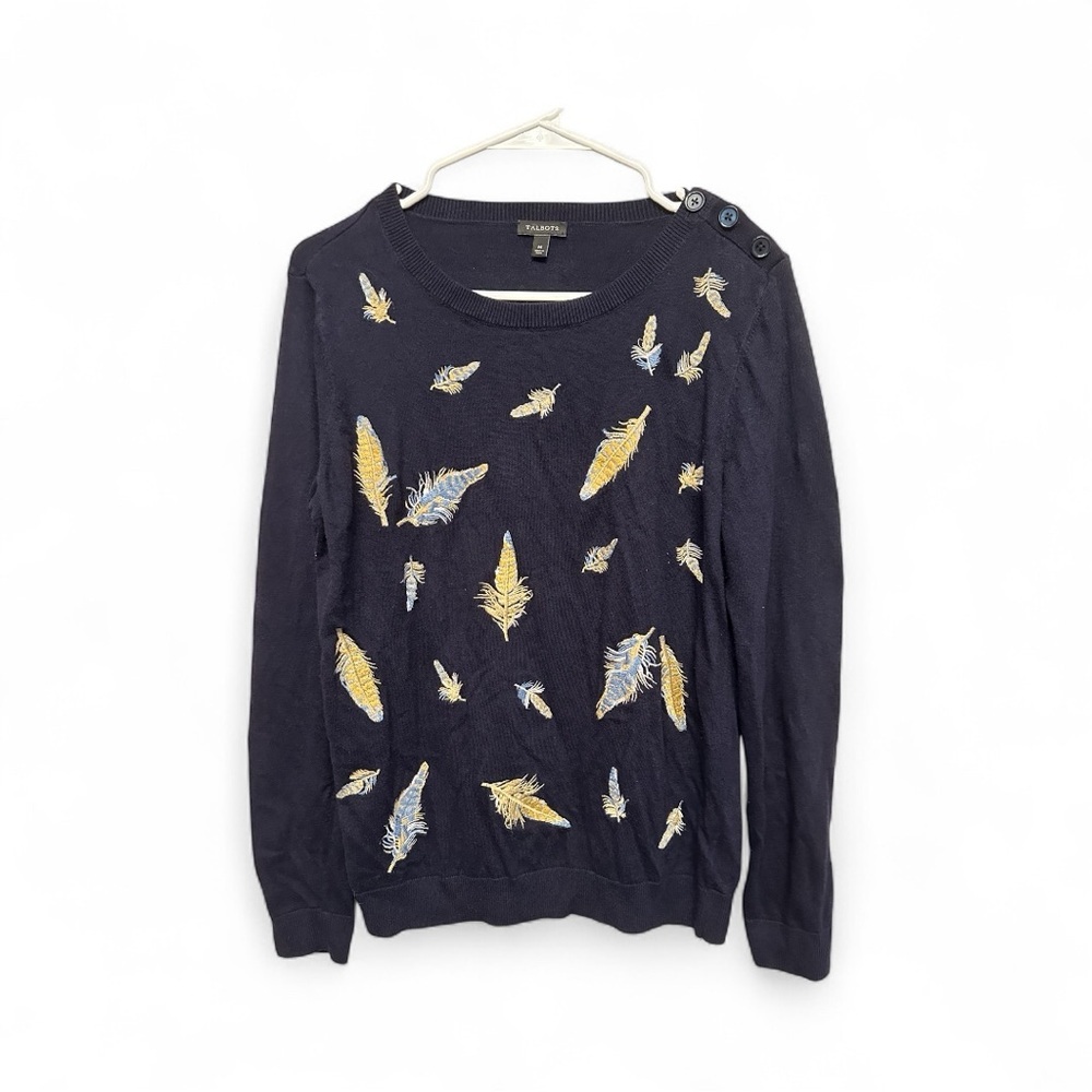 Talbots Dark Blue Feather Motif Sweater Size Medium
